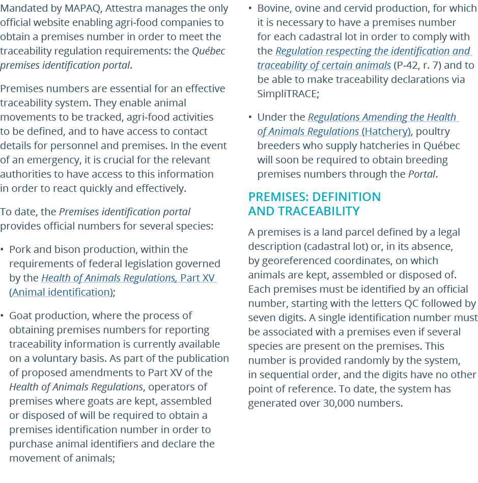 Mandated by MAPAQ, Attestra manages the only official website enabling agri food companies to obtain a premises numbe...