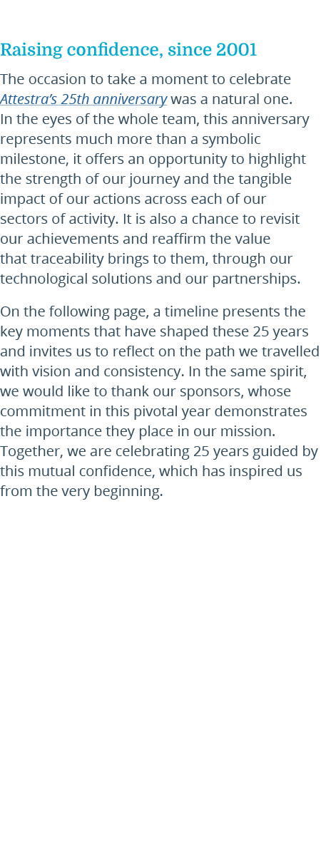 Raising confidence, since 2001 The occasion to take a moment to celebrate Attestra’s 25th anniversary was a natural o...